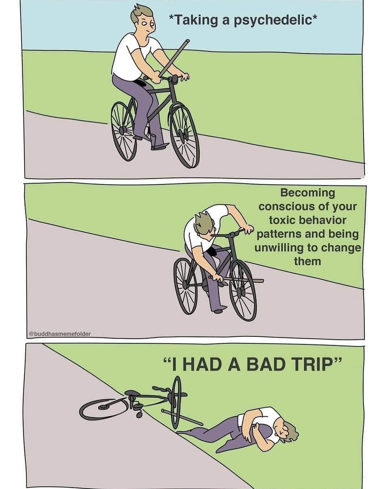 The meme is a humorous illustration of someone's experience with psychedelics. The image shows a person on a bicycle, with the caption "Taking a psychedelic" above them, and then a second panel with the caption "Becoming conscious of your toxic behavior patterns and being unwilling to change them" below them, with the person now lying on the ground, injured. The final panel says "I had a bad trip."